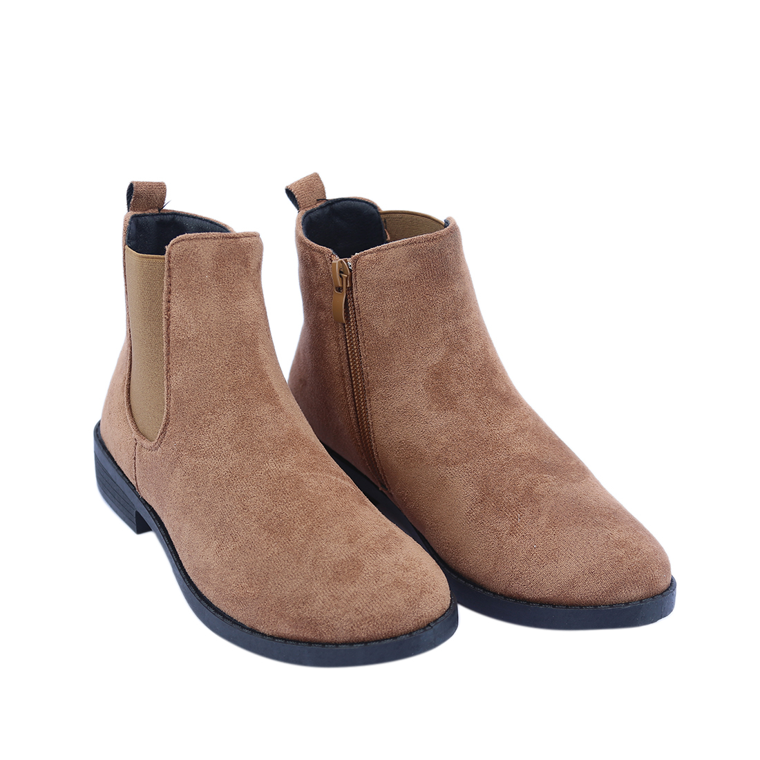 Suede ankle boots with side zippers and pull tabs.
