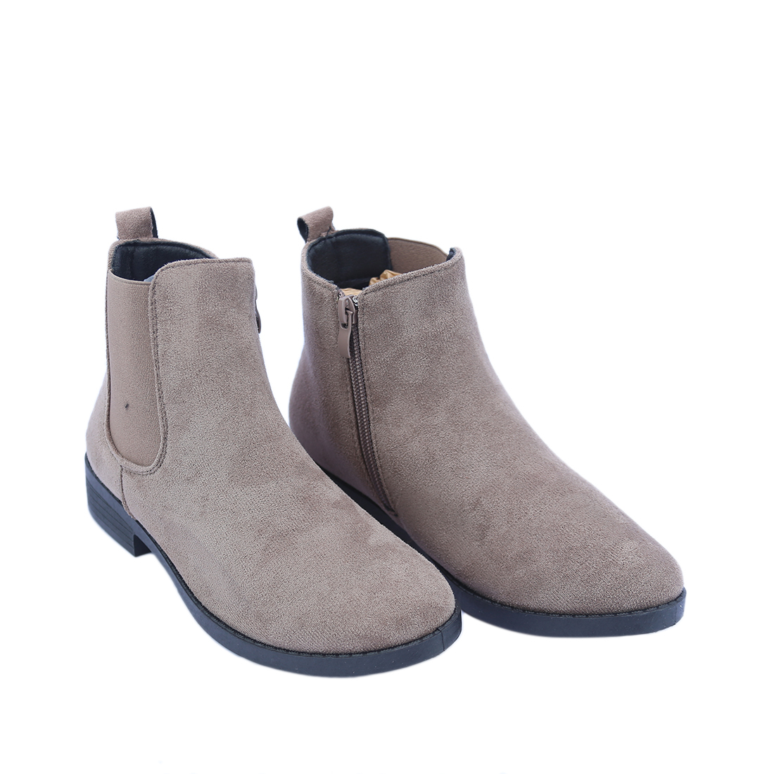 Suede ankle boots with side zippers and pull tabs.