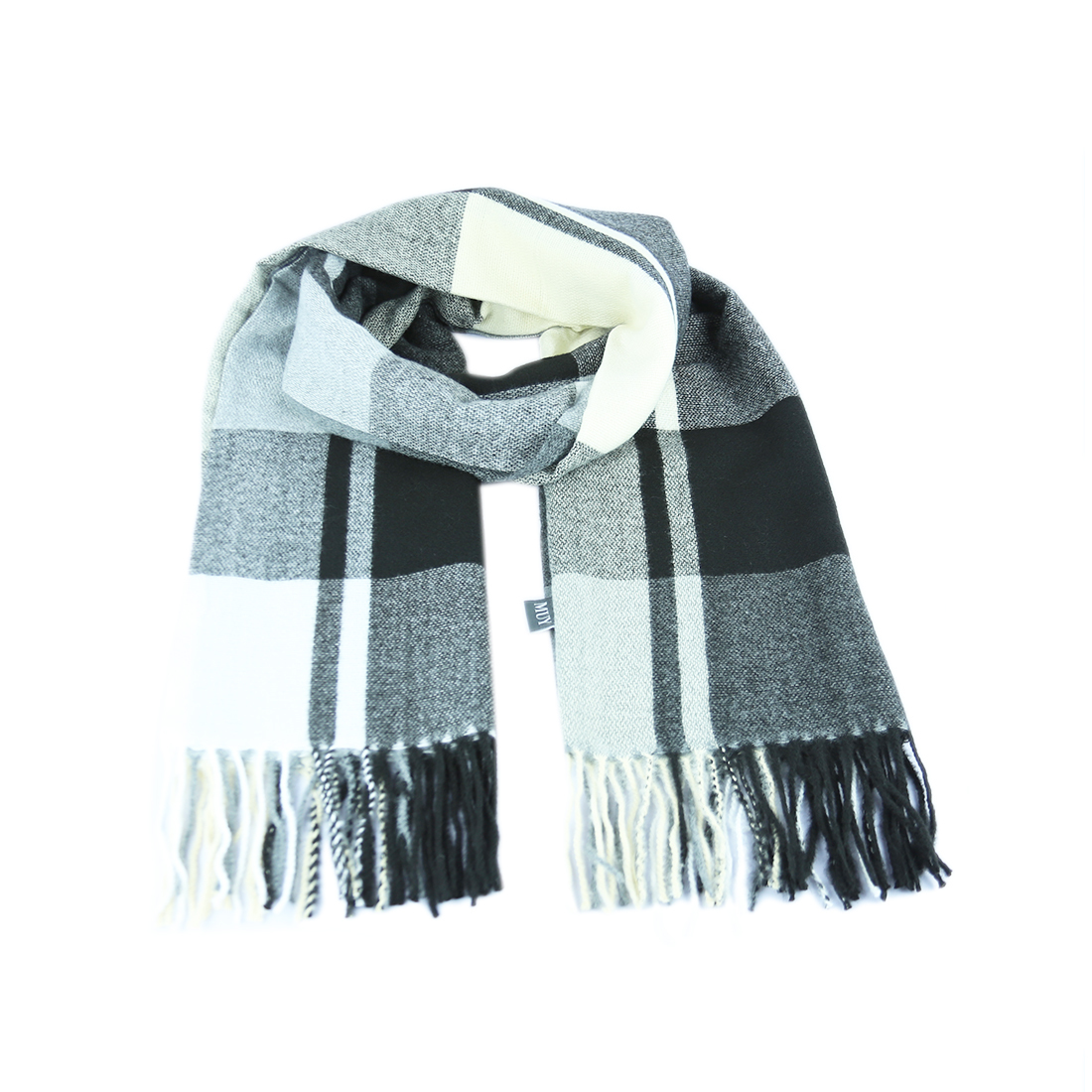 Multi-toned plaid scarf with fringe detail