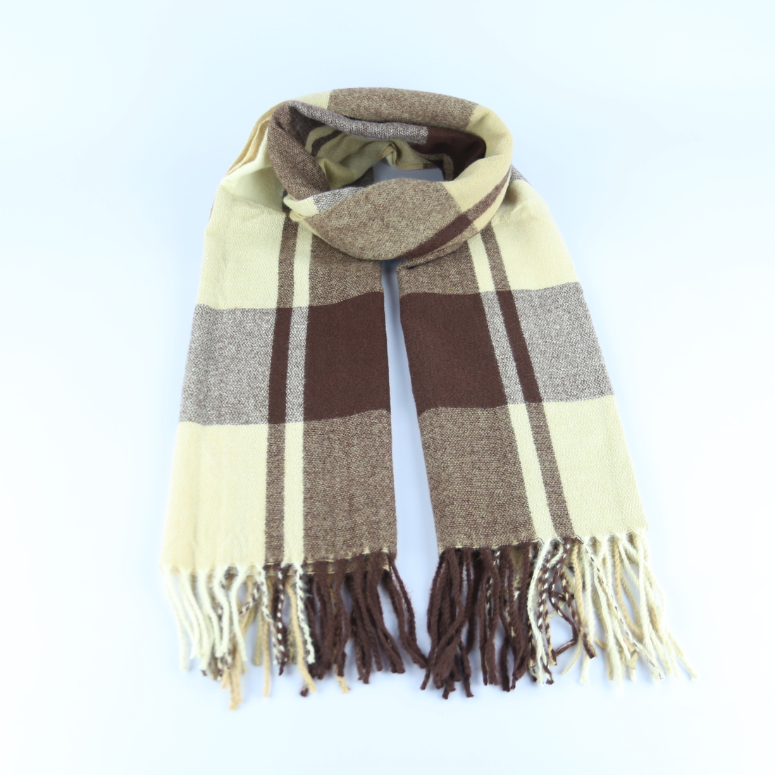 Multi-toned plaid scarf with fringe detail