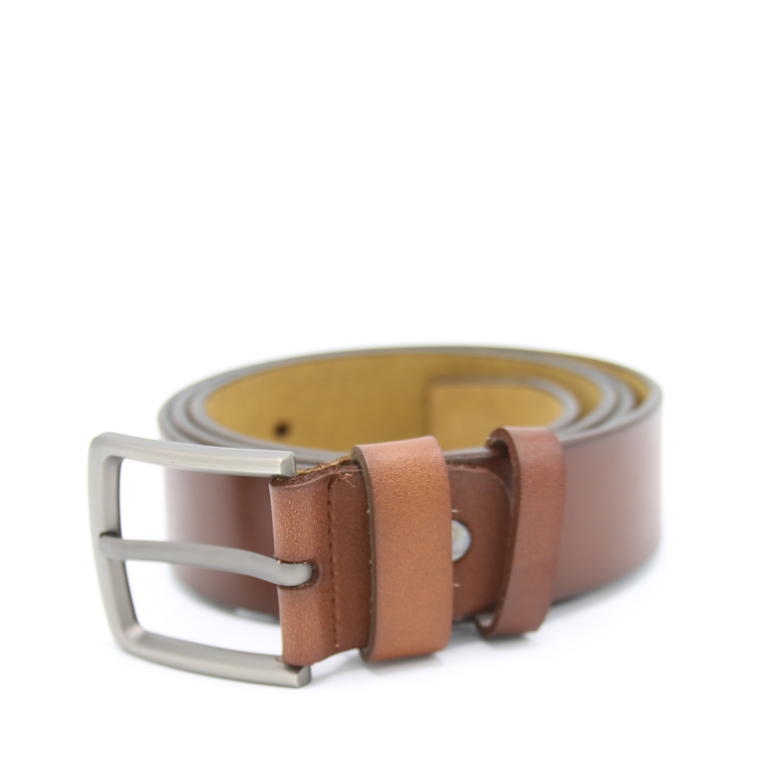 Men's black leather belt with a gunmetal buckle