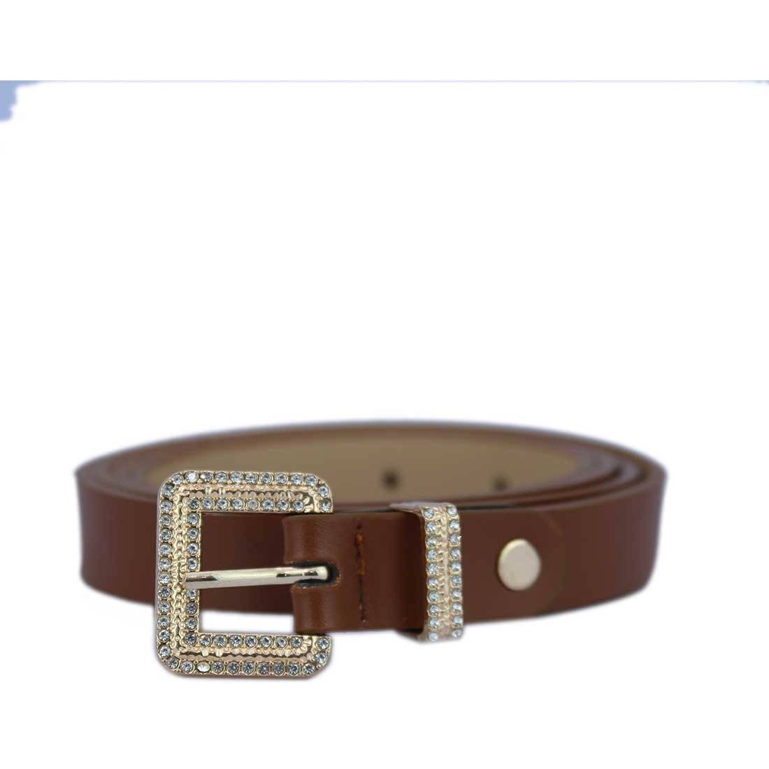 Belt with a square, rhinestone-embellished buckle.
