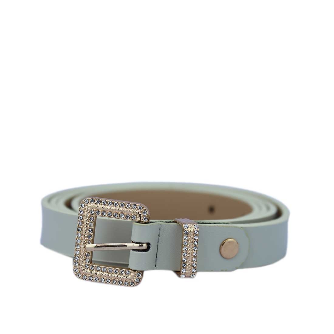 Belt with a square, rhinestone-embellished buckle.
