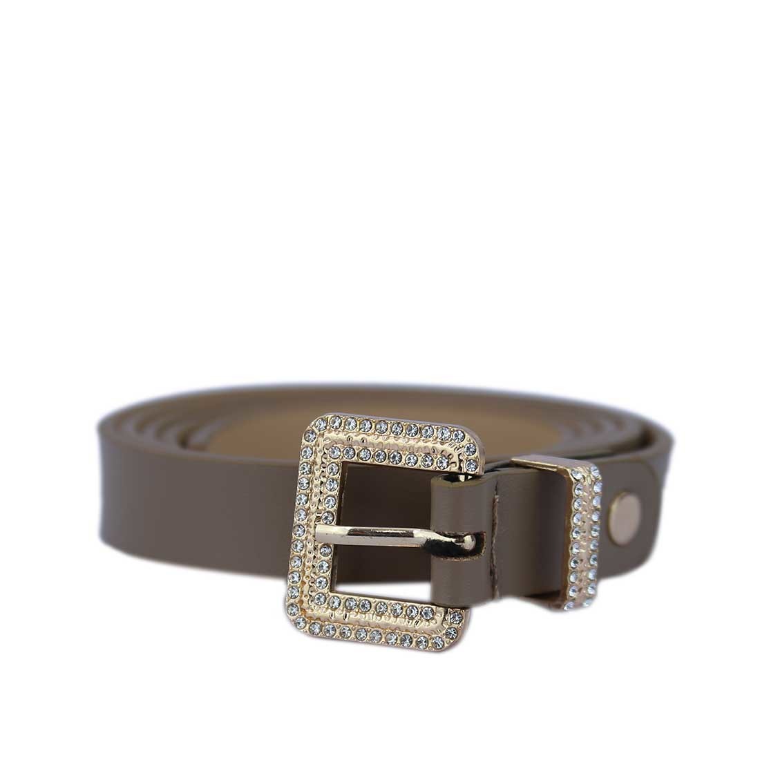 Belt with a square, rhinestone-embellished buckle.