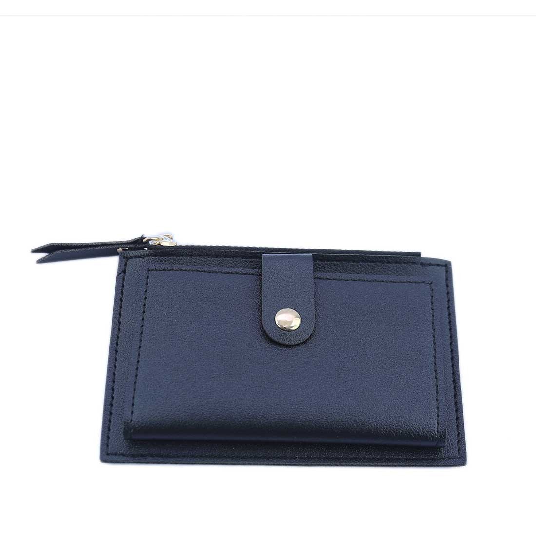 Minimal card holder with snap button and zip pocket.