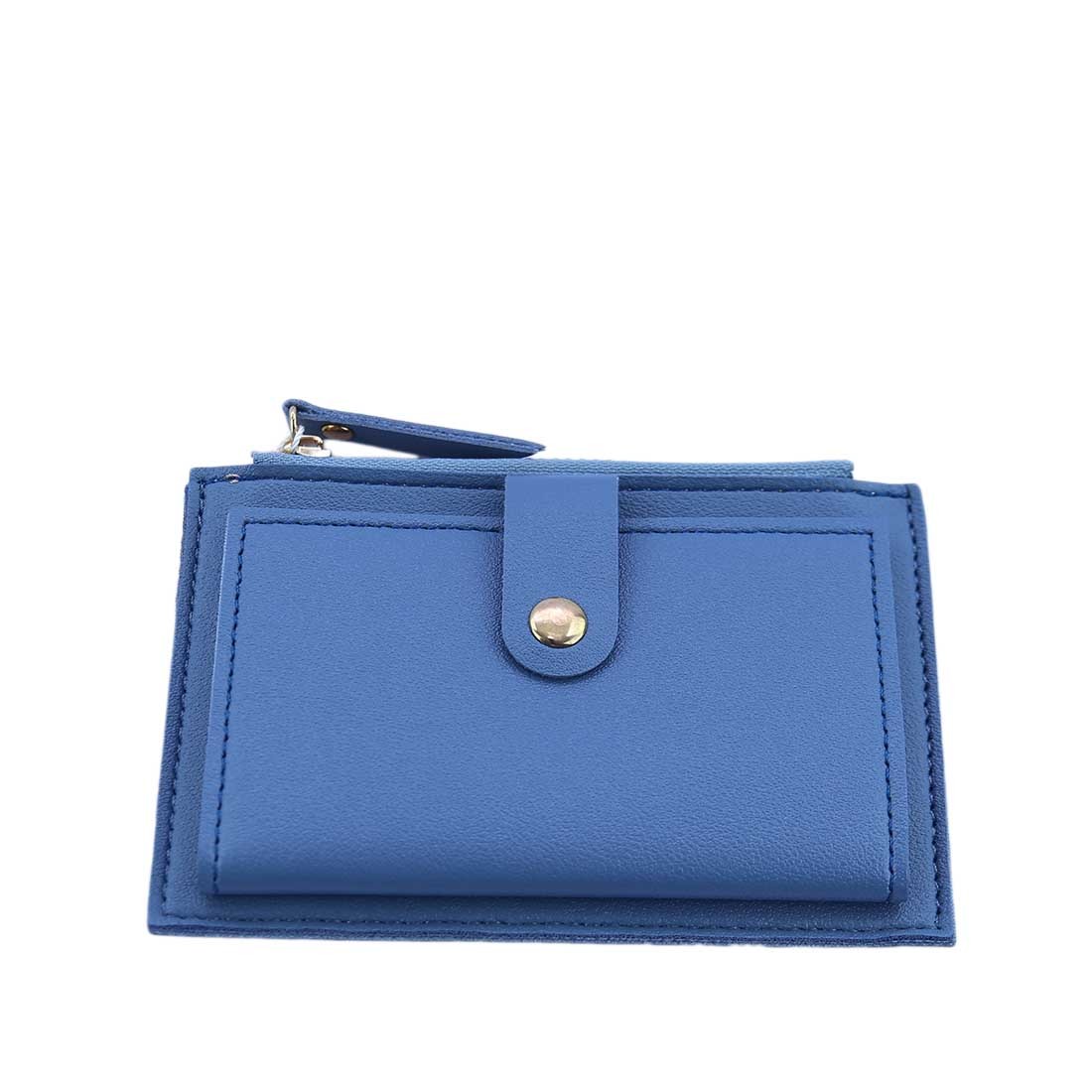 Minimal card holder with snap button and zip pocket.