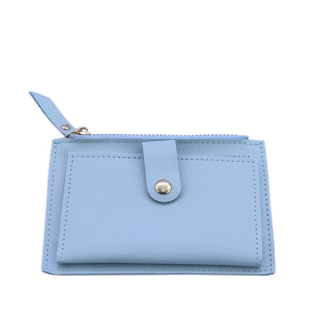 Minimal card holder with snap button and zip pocket.