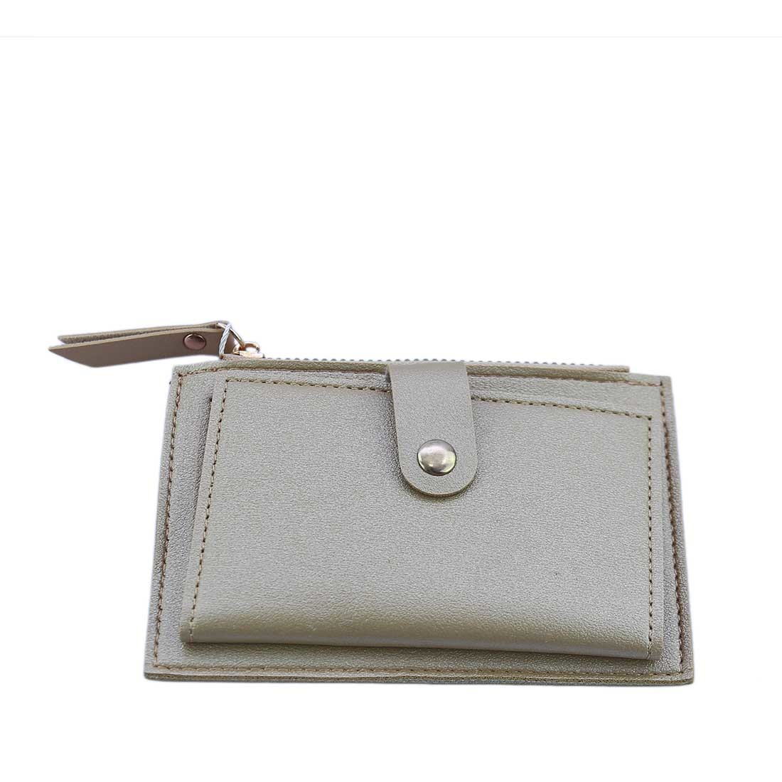 Minimal card holder with snap button and zip pocket.