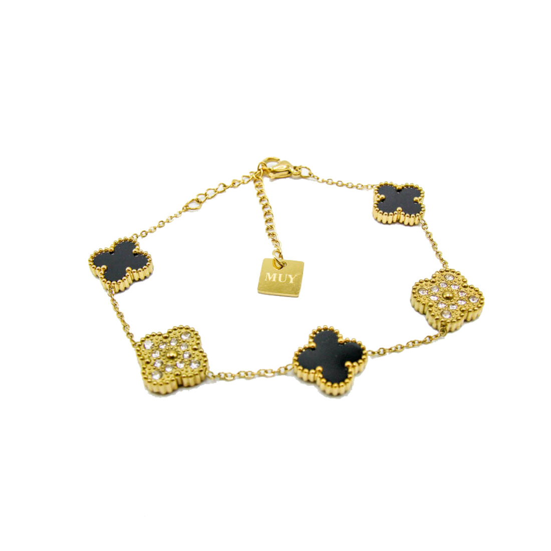 Gold Black & Crystal Clover Bracelet