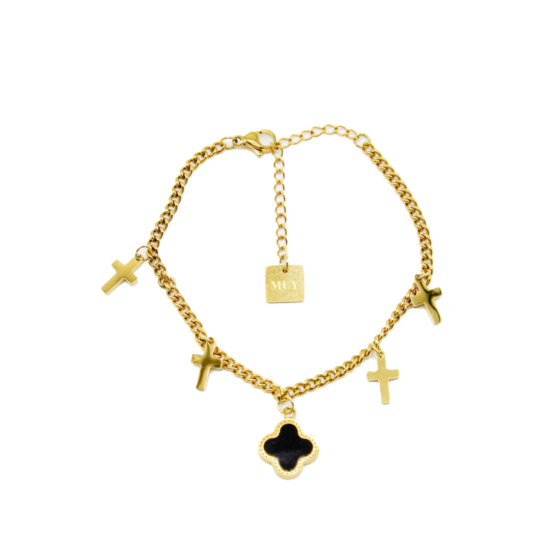 Gold Bracelet with Black Clover and Cross Charms