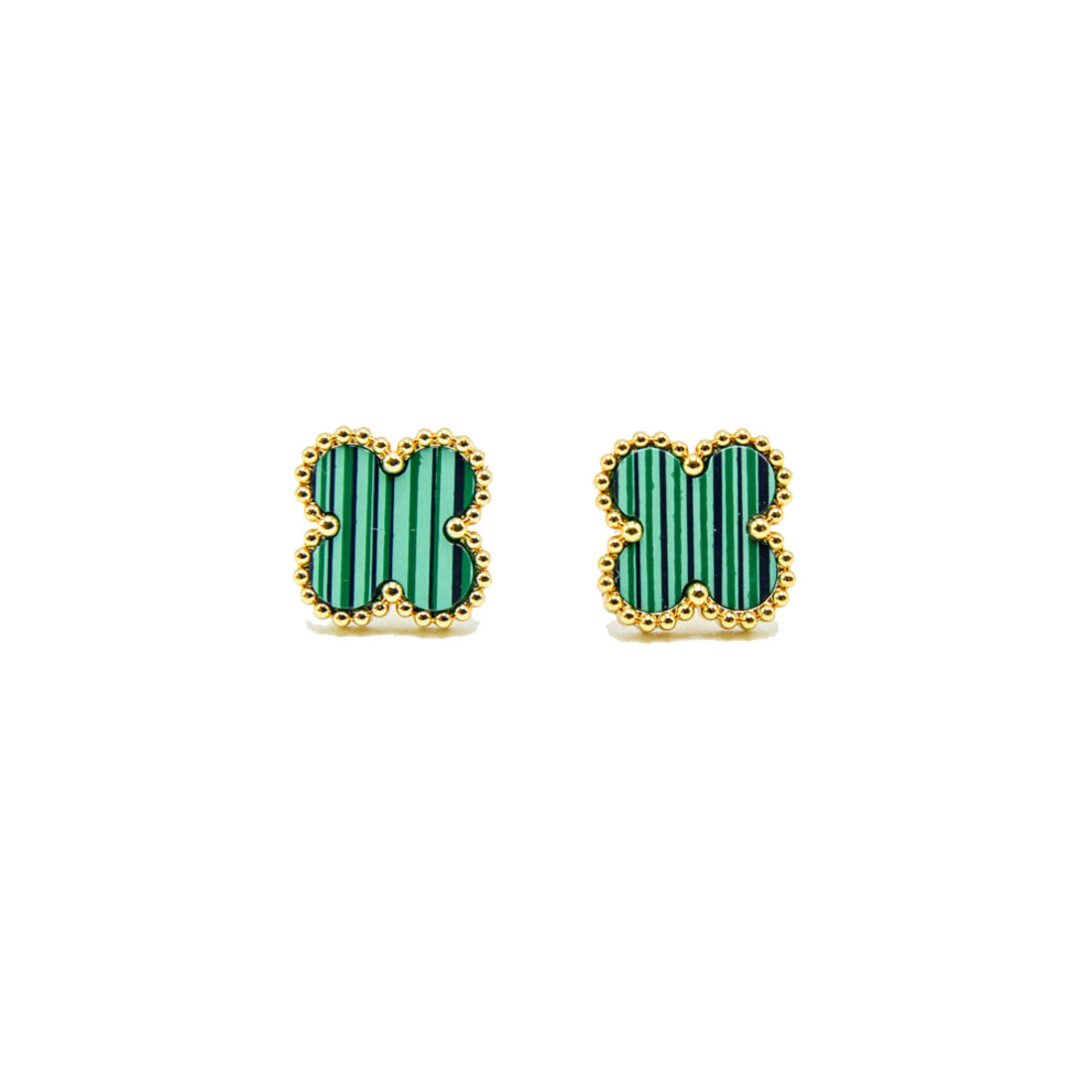 Gold Green Patterned Clover Stud Earrings