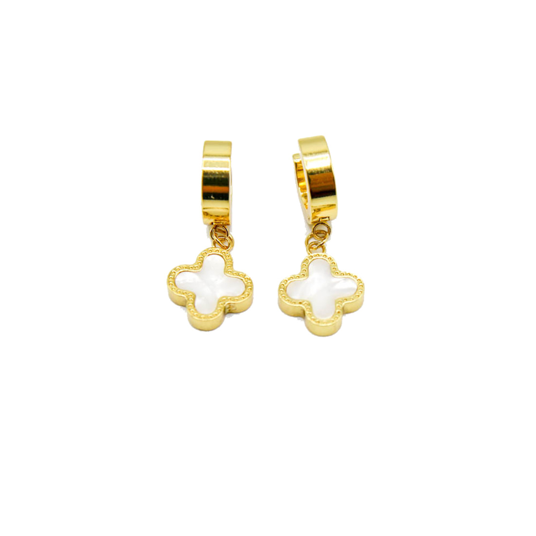 Gold White Clover Drop Earrings