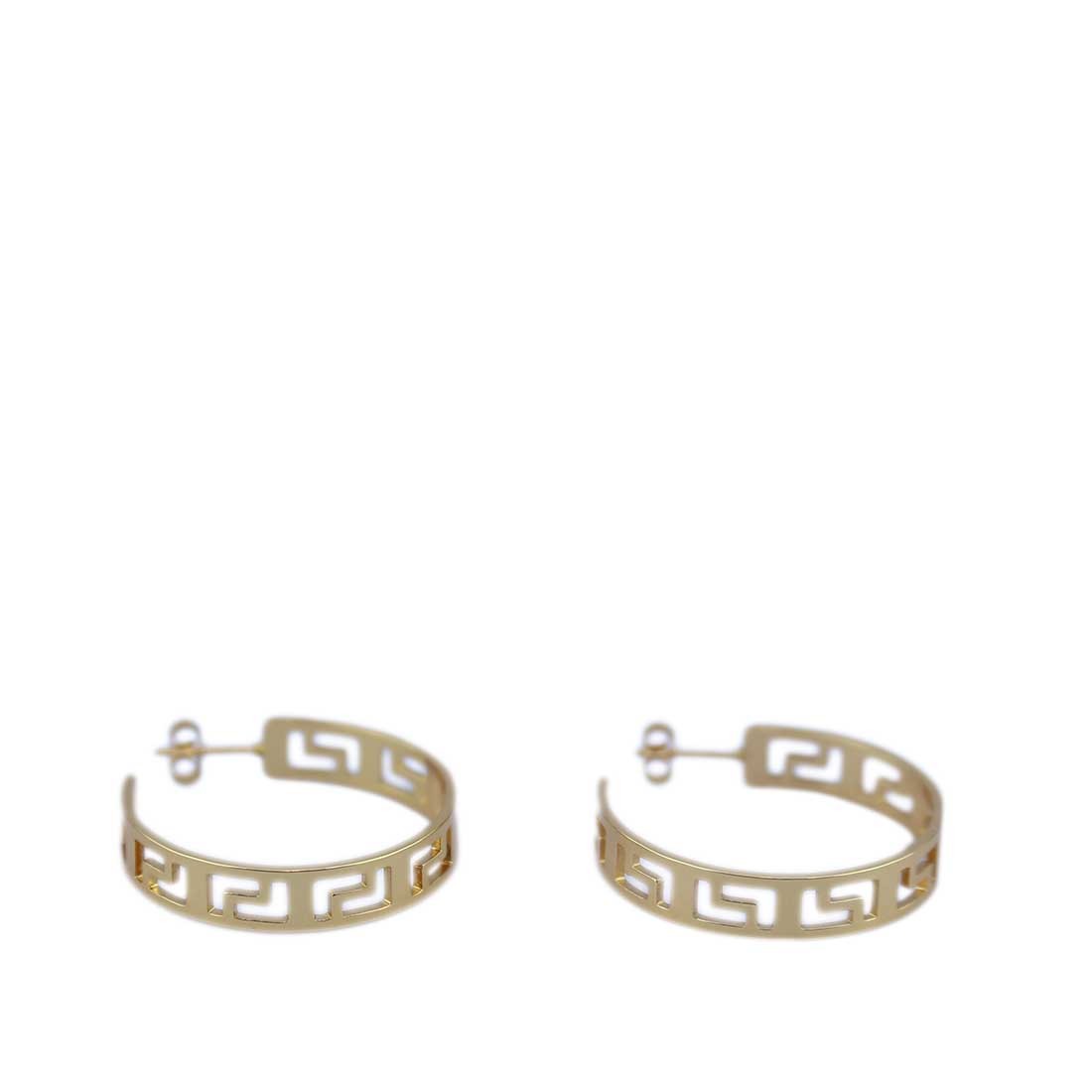 Gold-plated hoop earrings with a Greek key pattern.