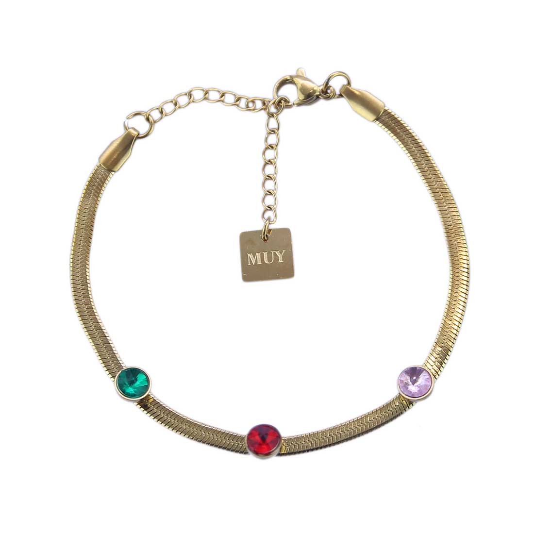 Gold-toned bracelet with a snake chain and a green bead.