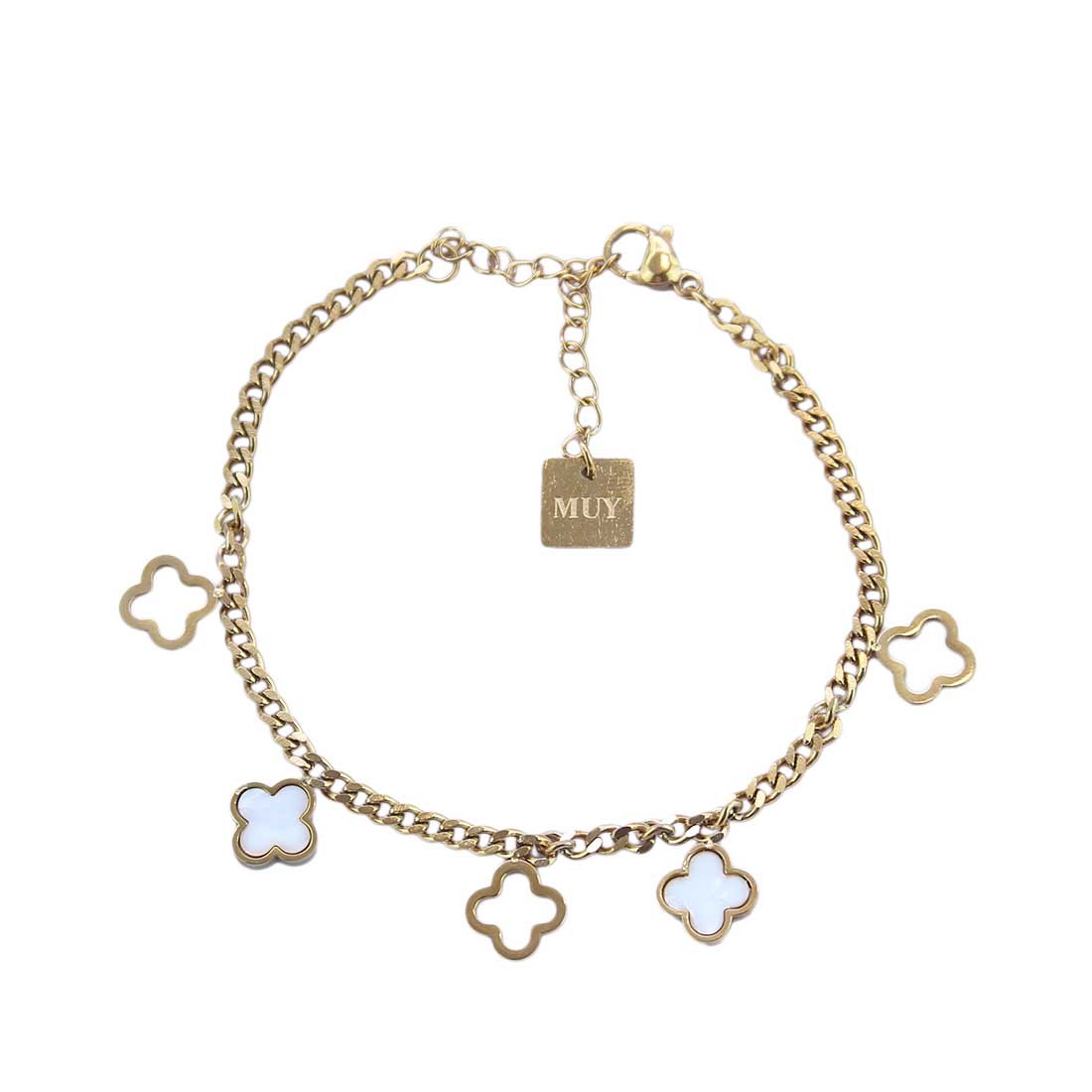 Gold-toned chain bracelet with multiple clover charms.