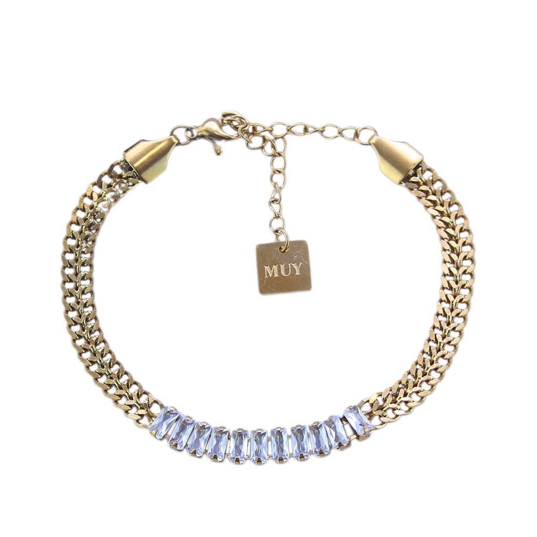 Gold-toned chain bracelet with a jeweled bar accent.