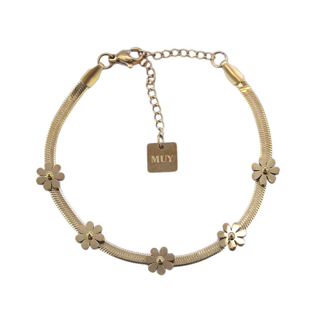 Gold-toned bracelet with a snake chain and flower charms.