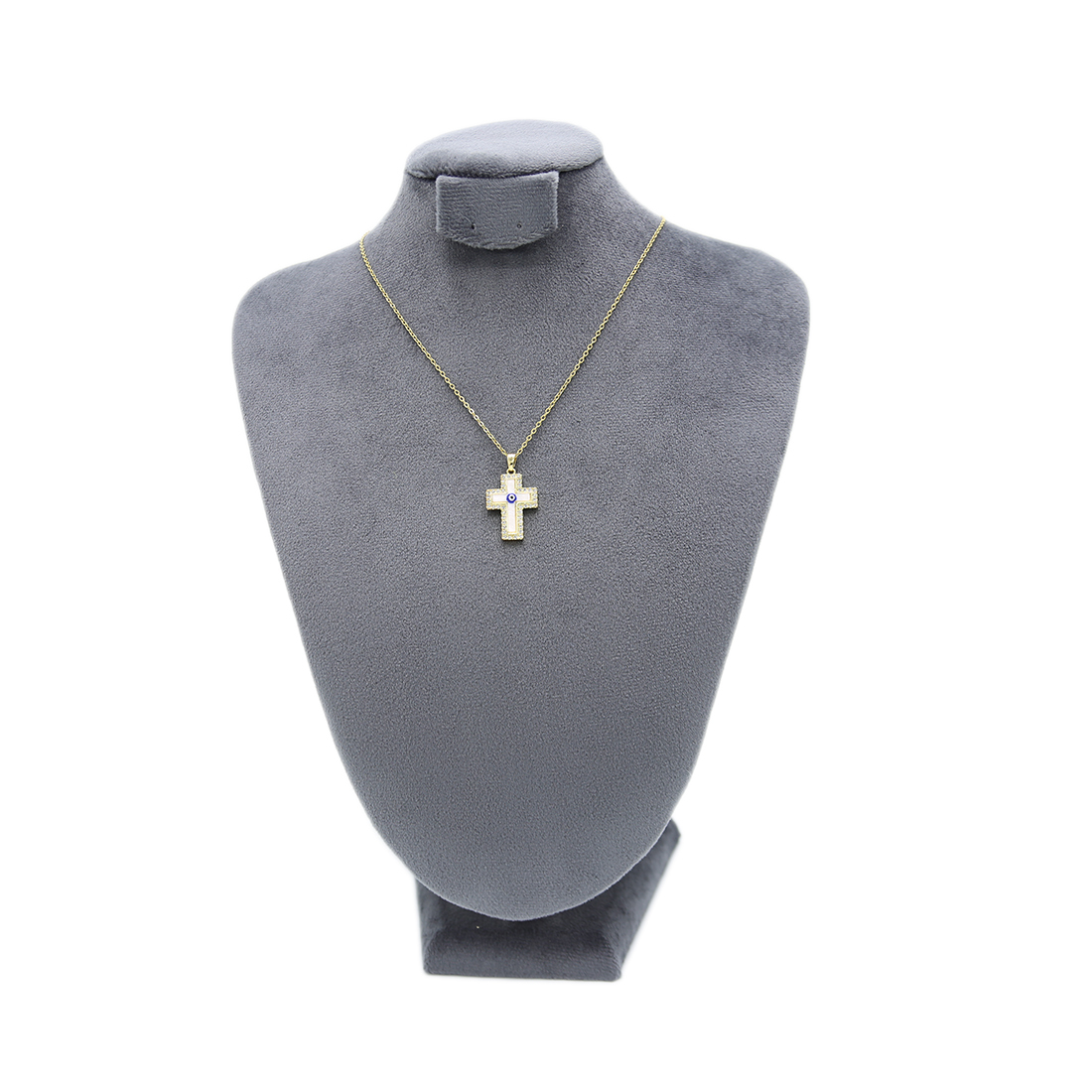 Gold-plated stainless steel cross necklace with clear stones and a blue evil eye