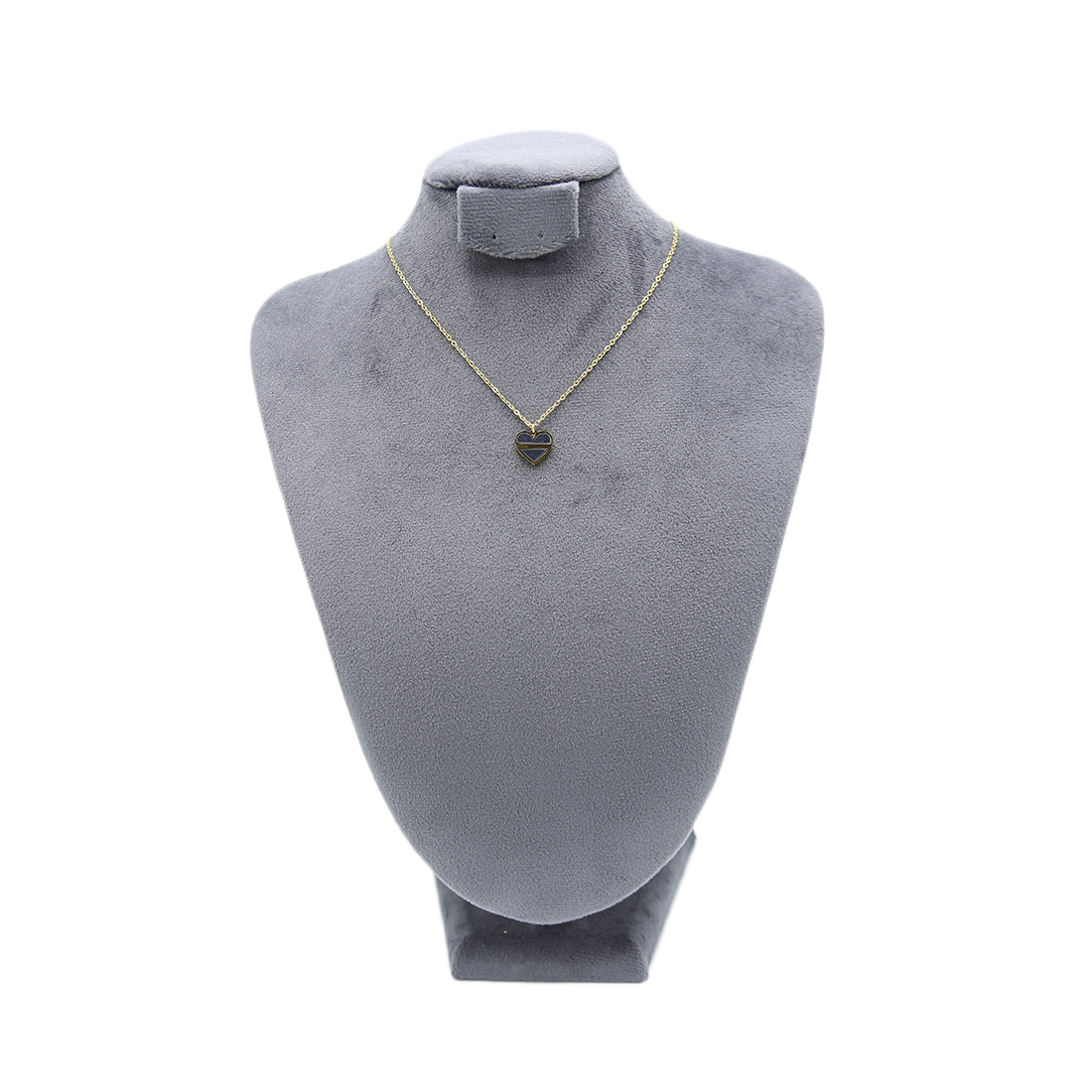 steel necklace with a black and gold striped heart pendant