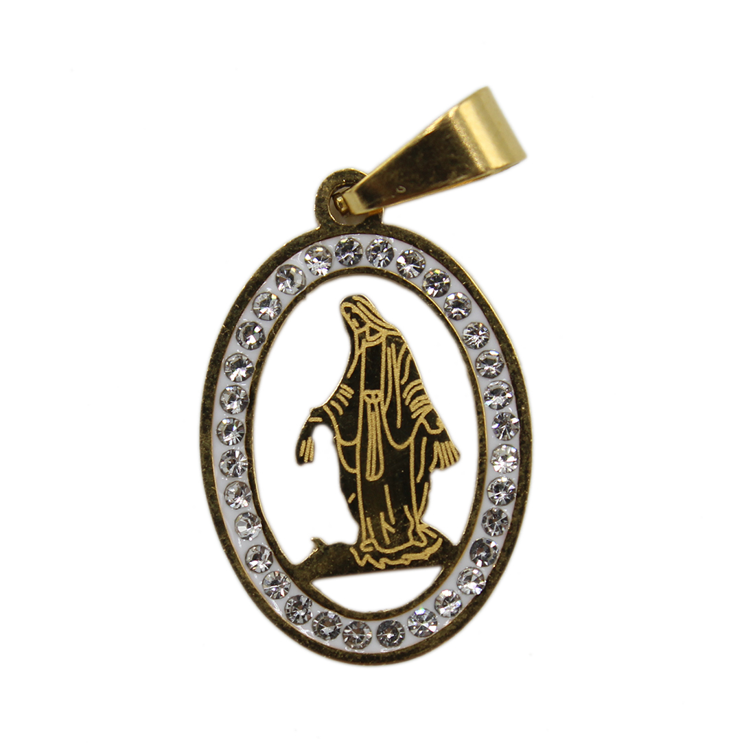 steel necklace with an oval Virgin Mary pendant