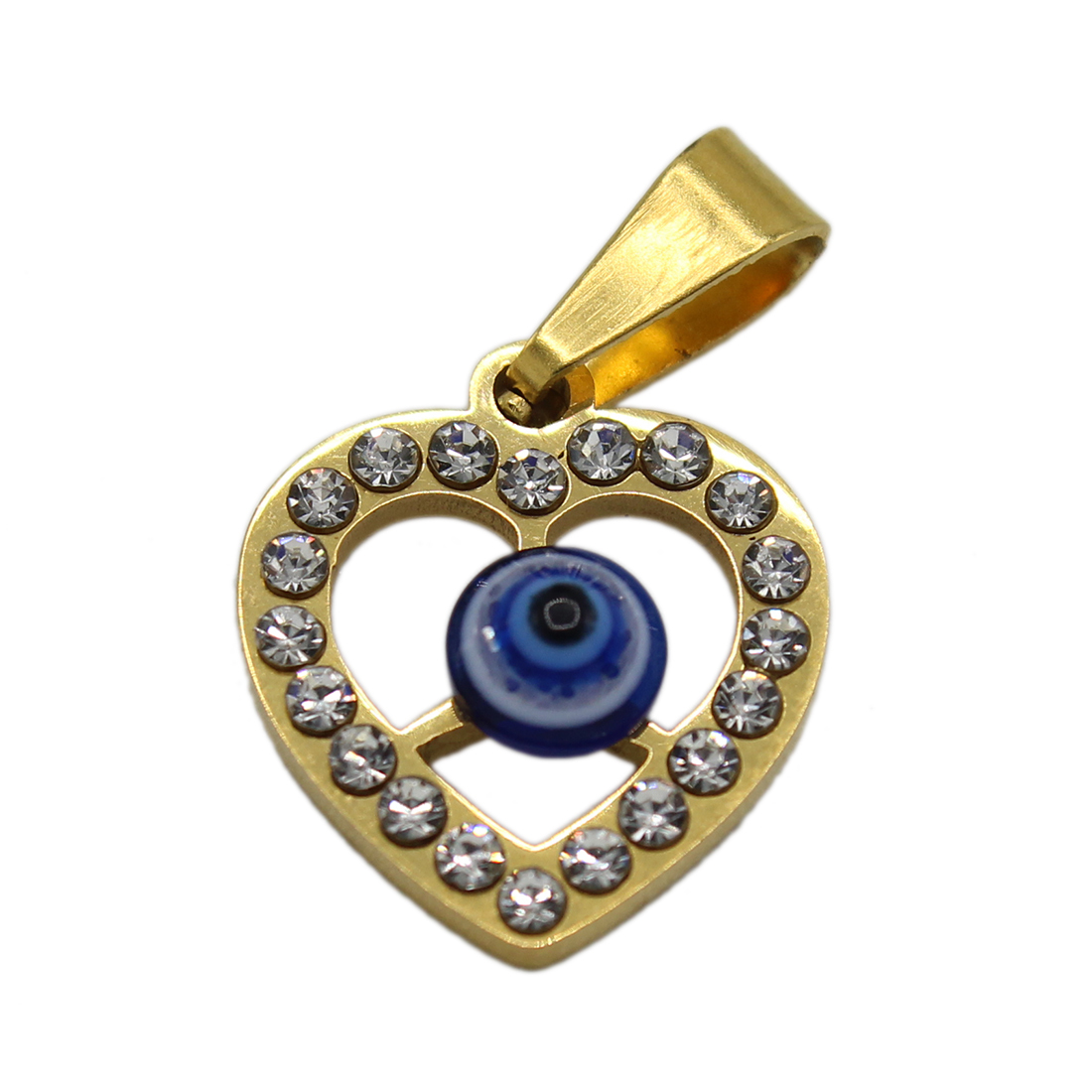 steel heart pendant with clear stones and a blue evil eye bead