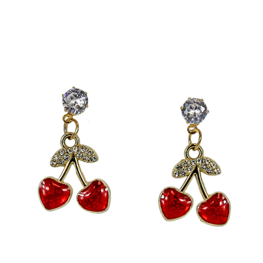 cute cherry-themed stud earrings with a small crystal on top
