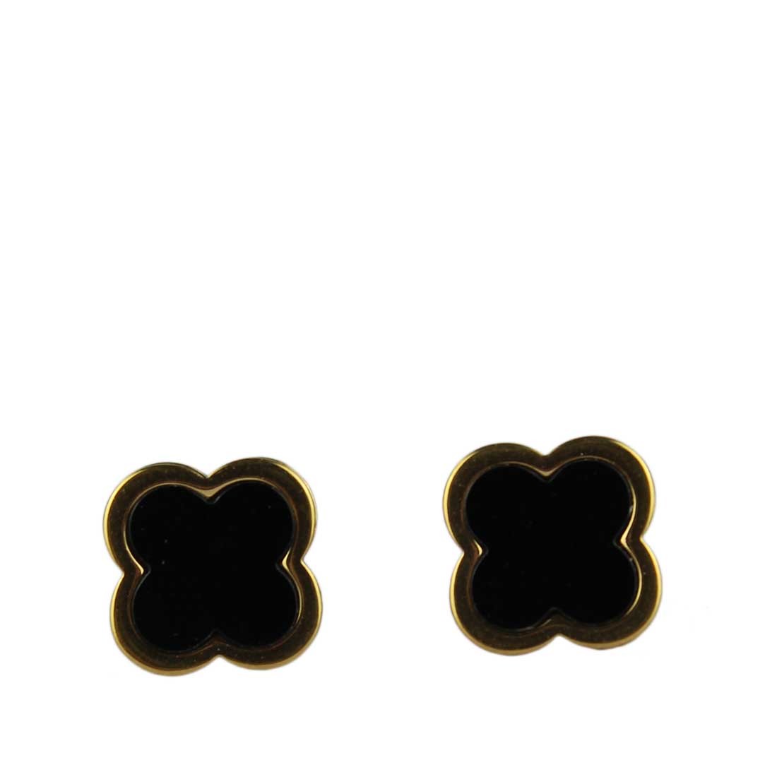 Gold-plated stainless steel clover stud earrings with a black center.