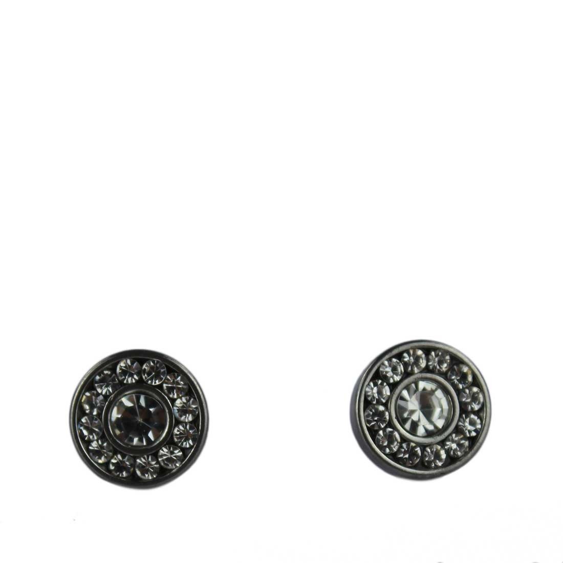 Silver-toned stud earrings with a clear, jeweled center.