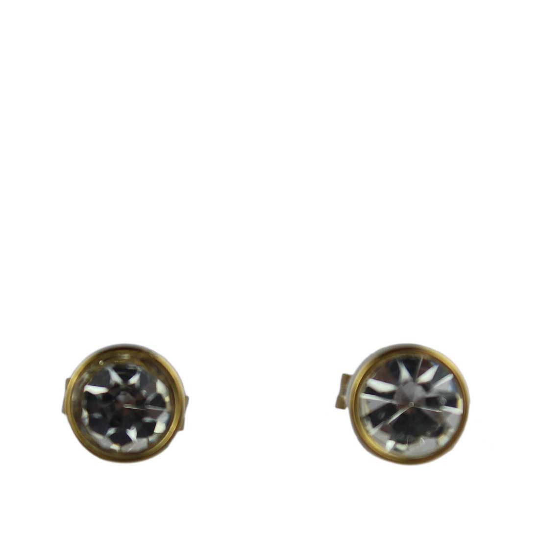 Gold-plated stainless steel stud earrings with a clear, jeweled center.