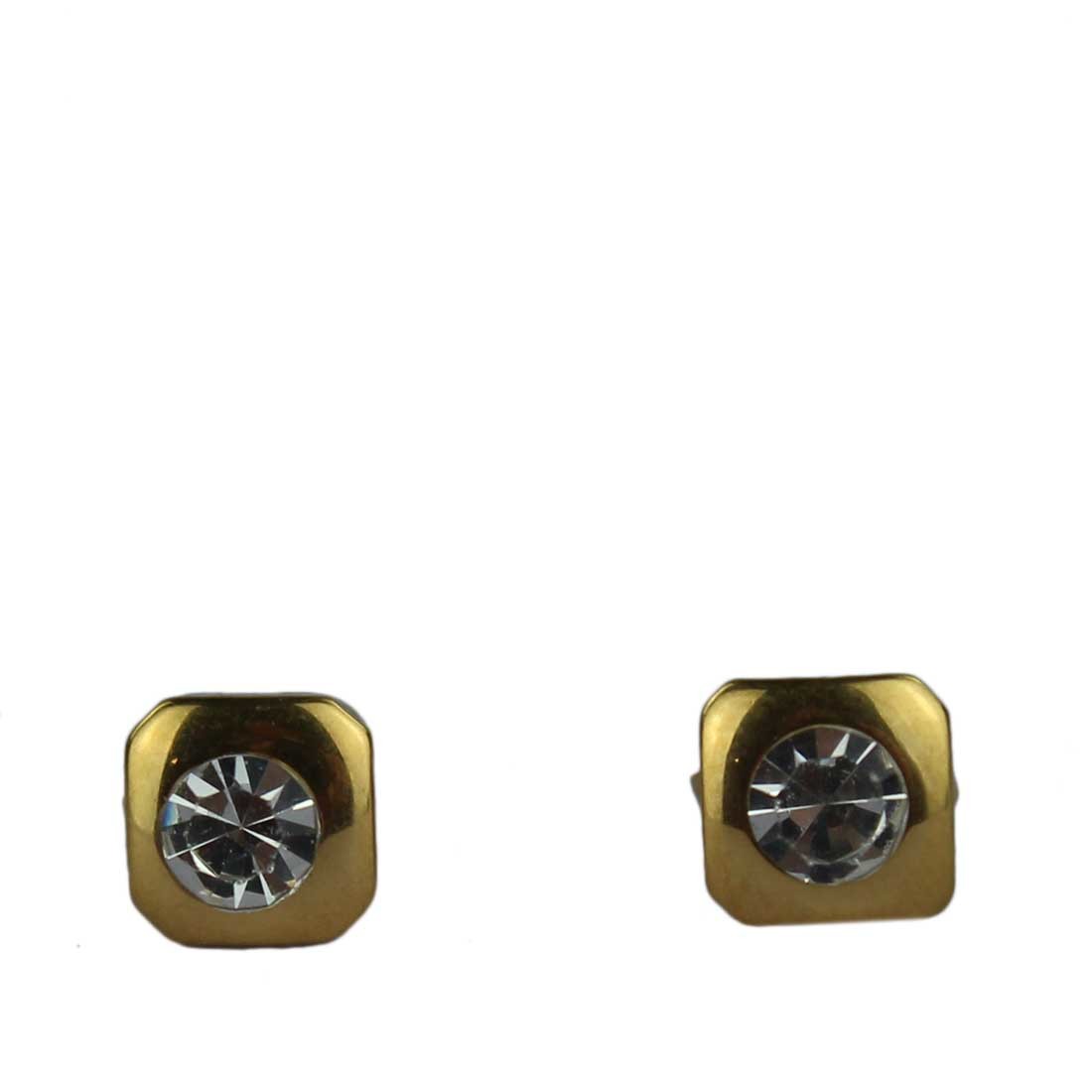 Gold-plated stud earrings with a jeweled center.