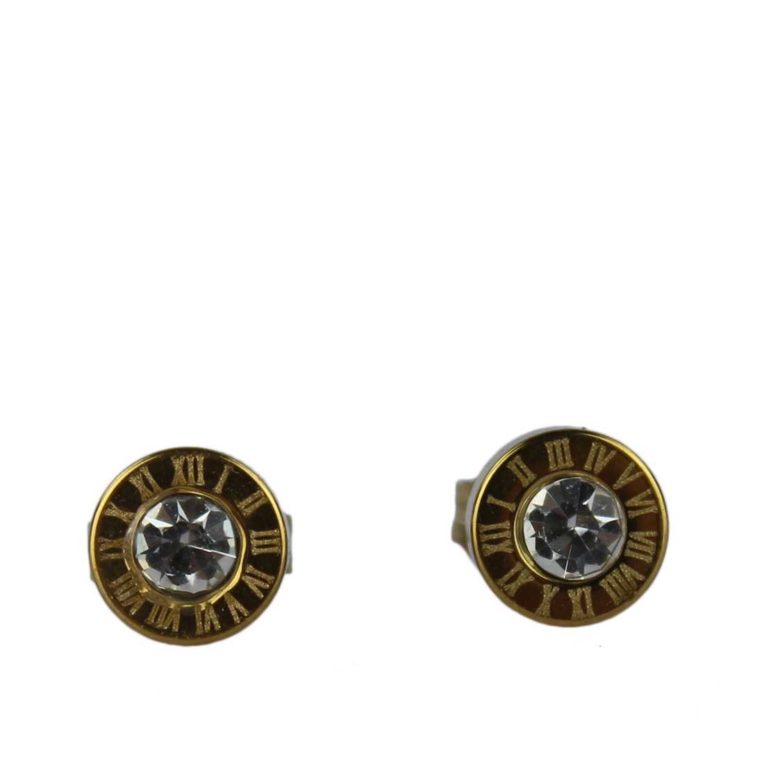 Gold-plated stainless steel stud earrings with a clear, jeweled center.