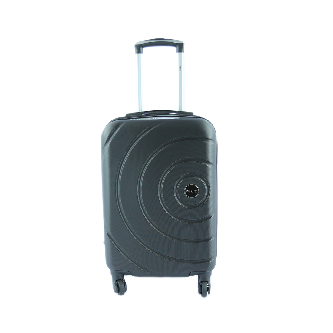 Hard-shell suitcase with circular pattern design and spinner wheels
