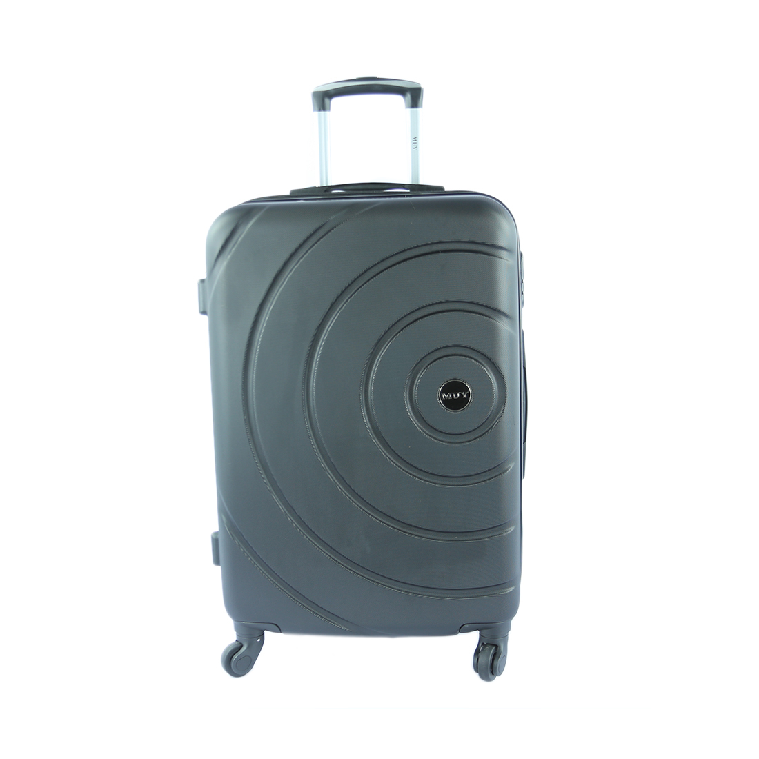 Hard-shell suitcase with circular pattern design and spinner wheels