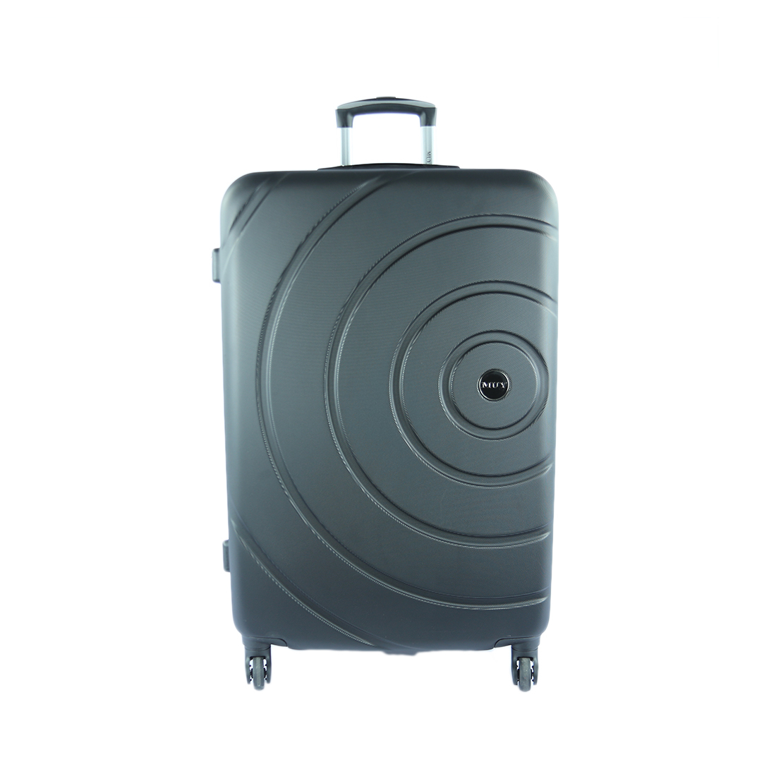 Hard-shell suitcase with circular pattern design and spinner wheels