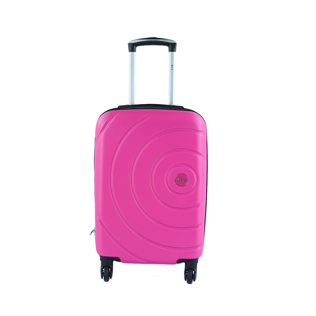 Hard-shell suitcase with circular pattern design and spinner wheels