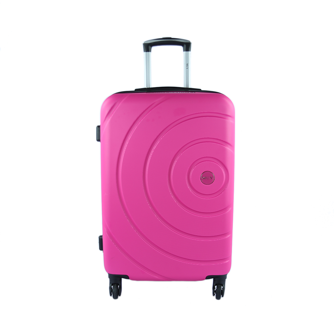 Hard-shell suitcase with circular pattern design and spinner wheels