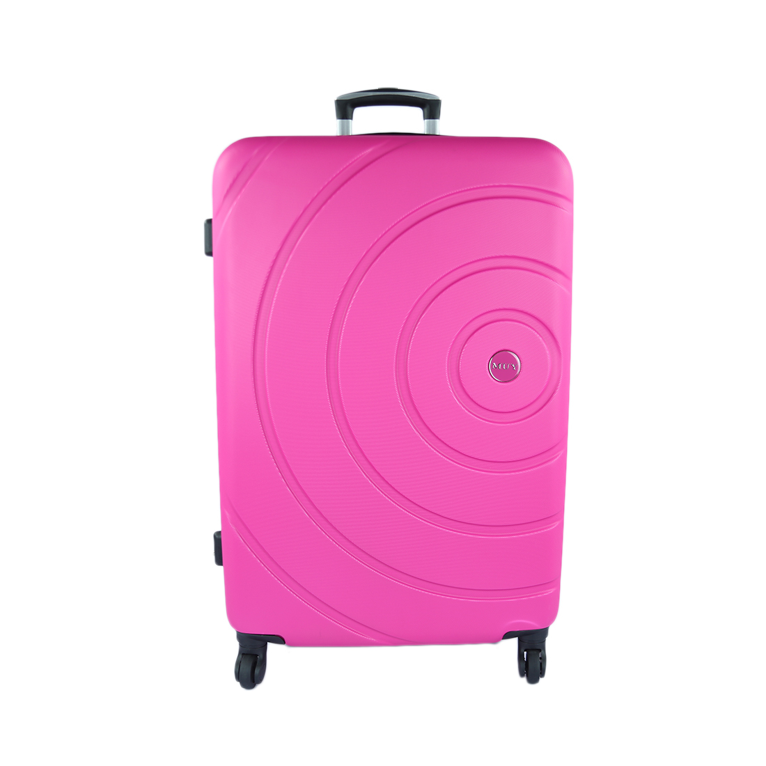 Hard-shell suitcase with circular pattern design and spinner wheels