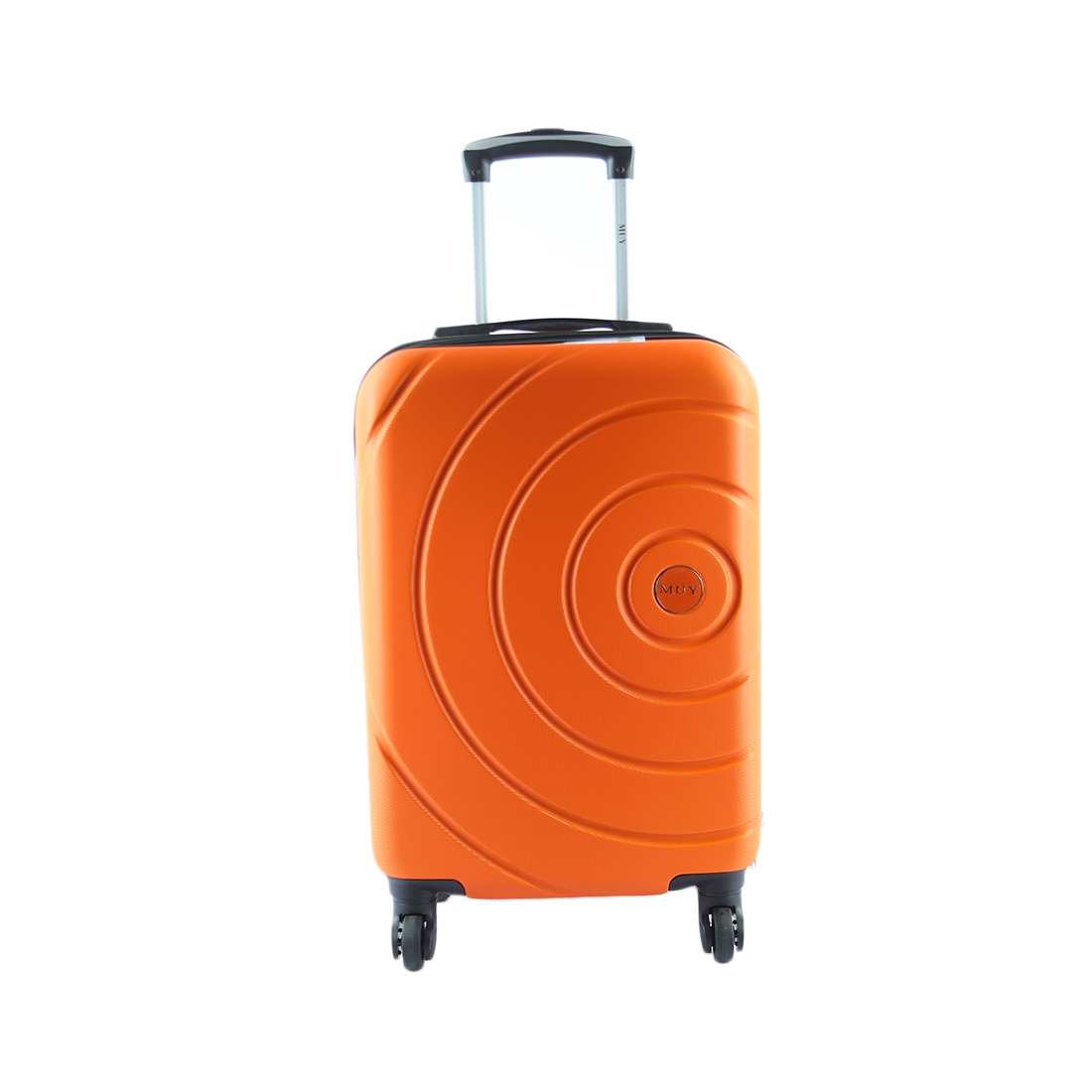 Hard-shell suitcase with circular pattern design and spinner wheels