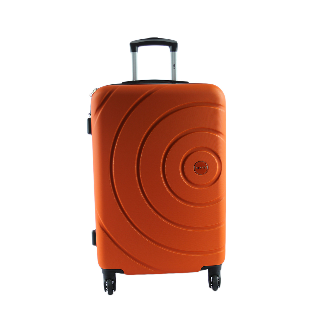 Hard-shell suitcase with circular pattern design and spinner wheels