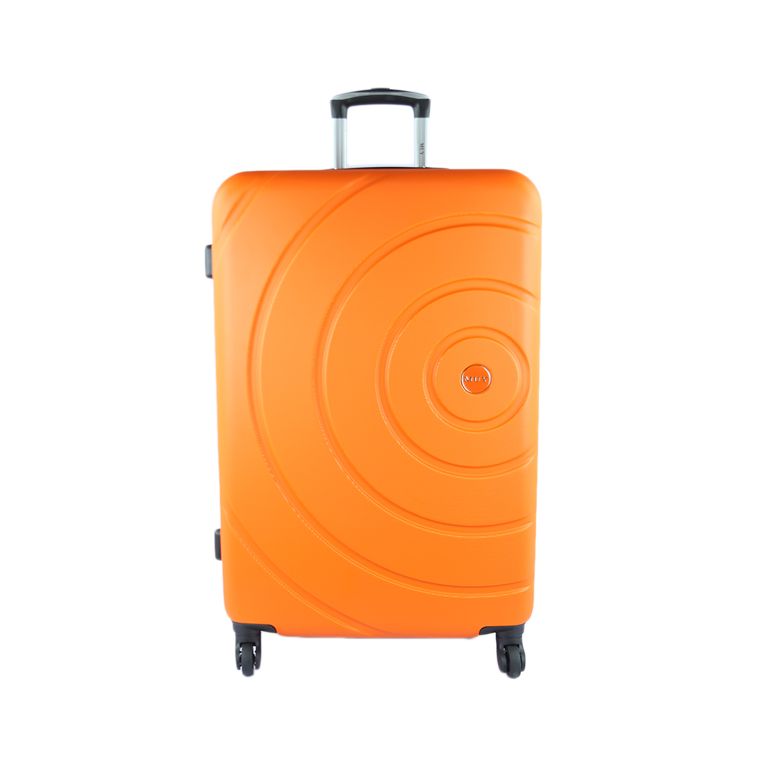Hard-shell suitcase with circular pattern design and spinner wheels