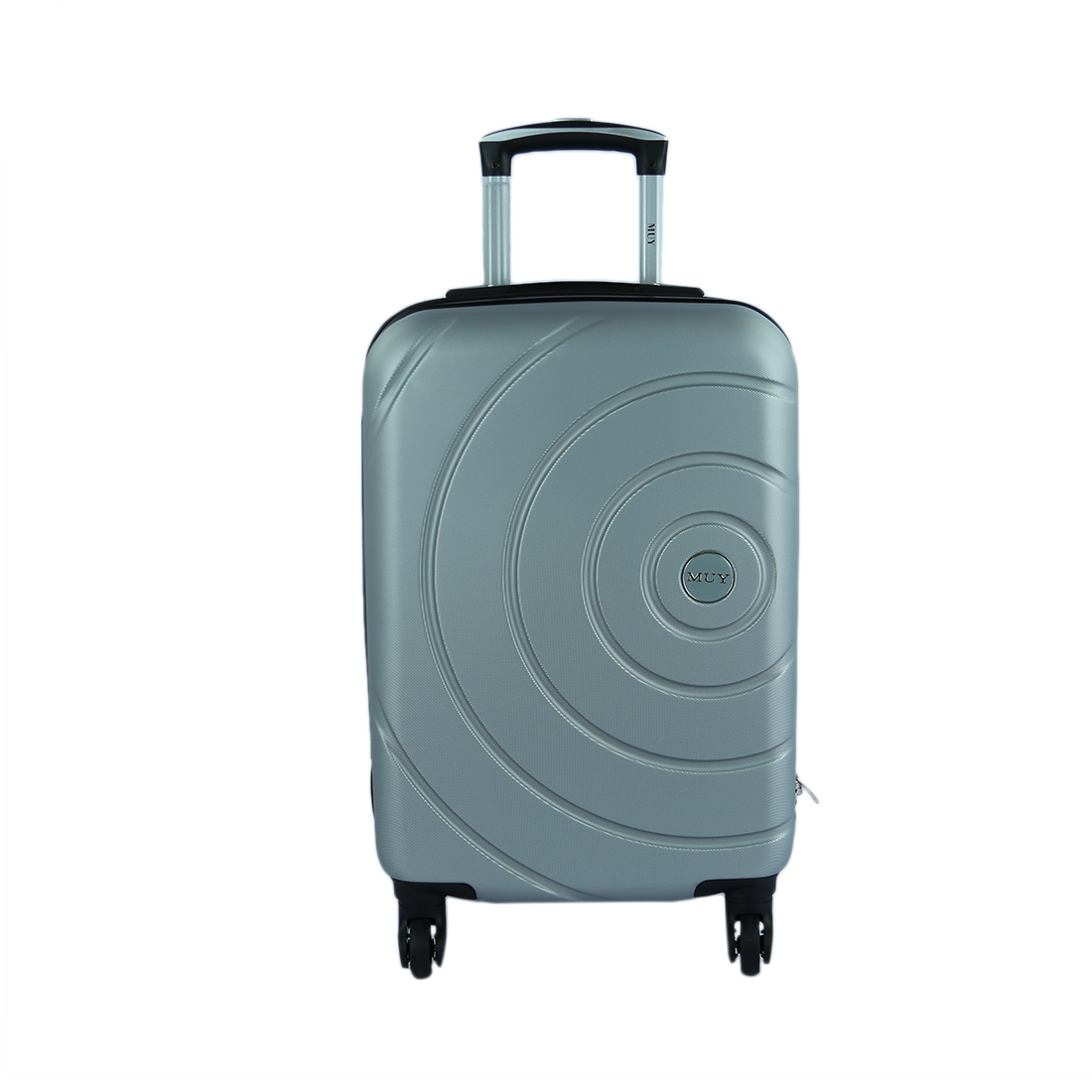 Hard-shell suitcase with circular pattern design and spinner wheels