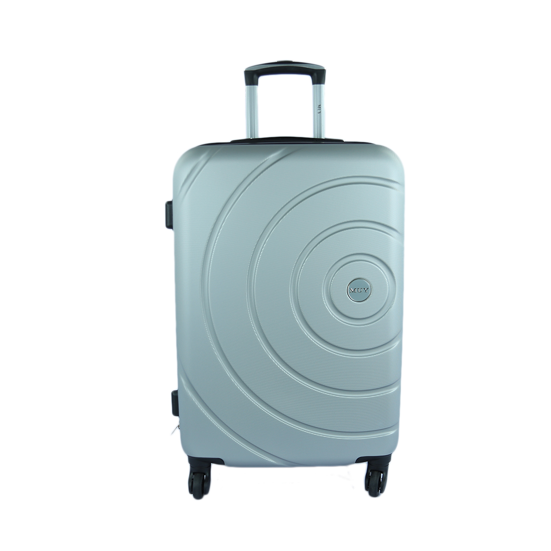 Hard-shell suitcase with circular pattern design and spinner wheels