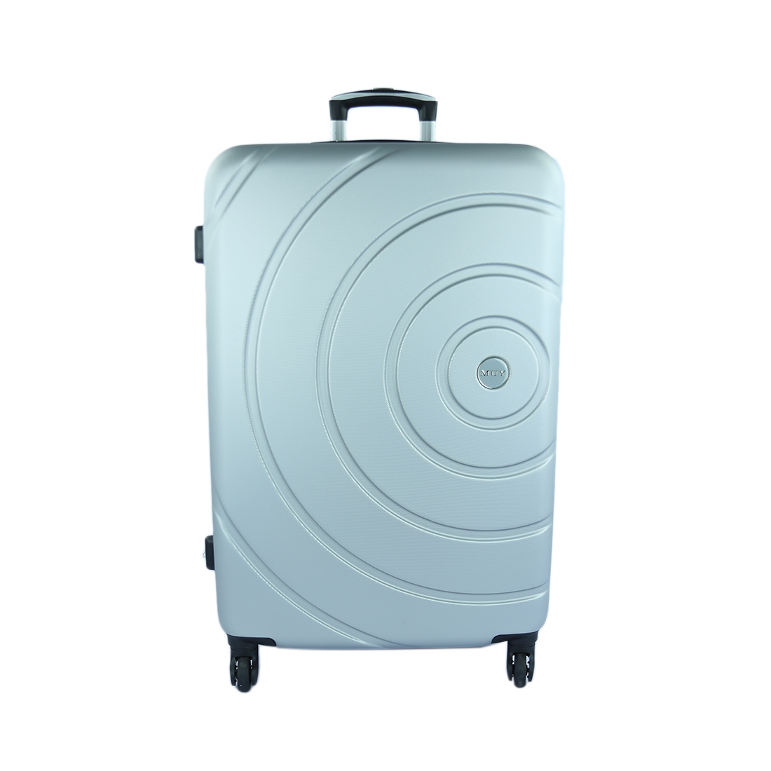 Hard-shell suitcase with circular pattern design and spinner wheels