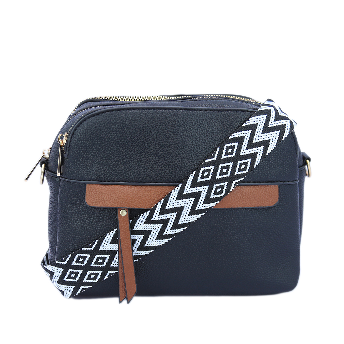 Textured shoulder bag with zip closure and front strap detail.