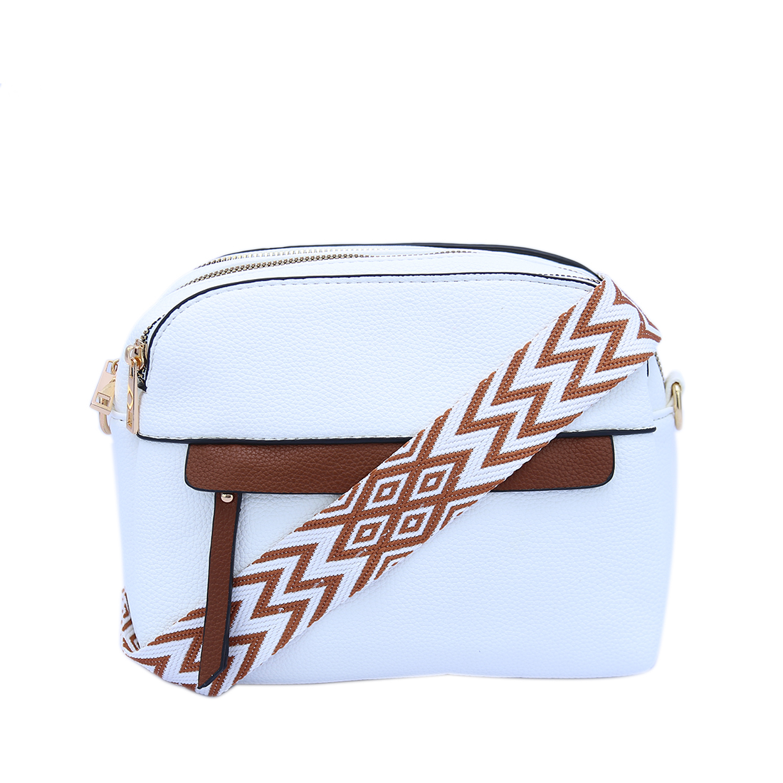 Textured shoulder bag with zip closure and front strap detail.
