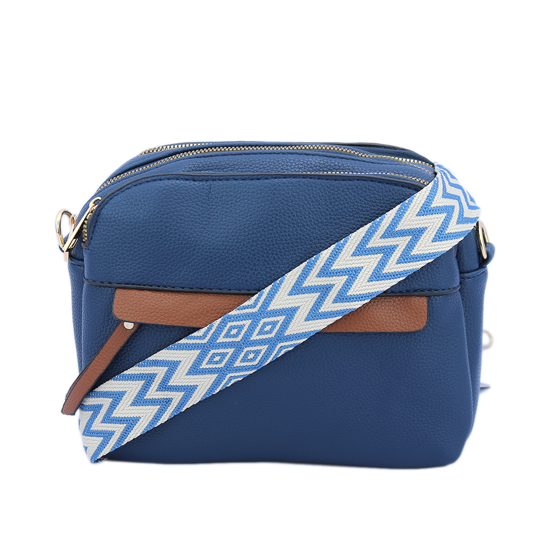 Textured shoulder bag with zip closure and front strap detail.