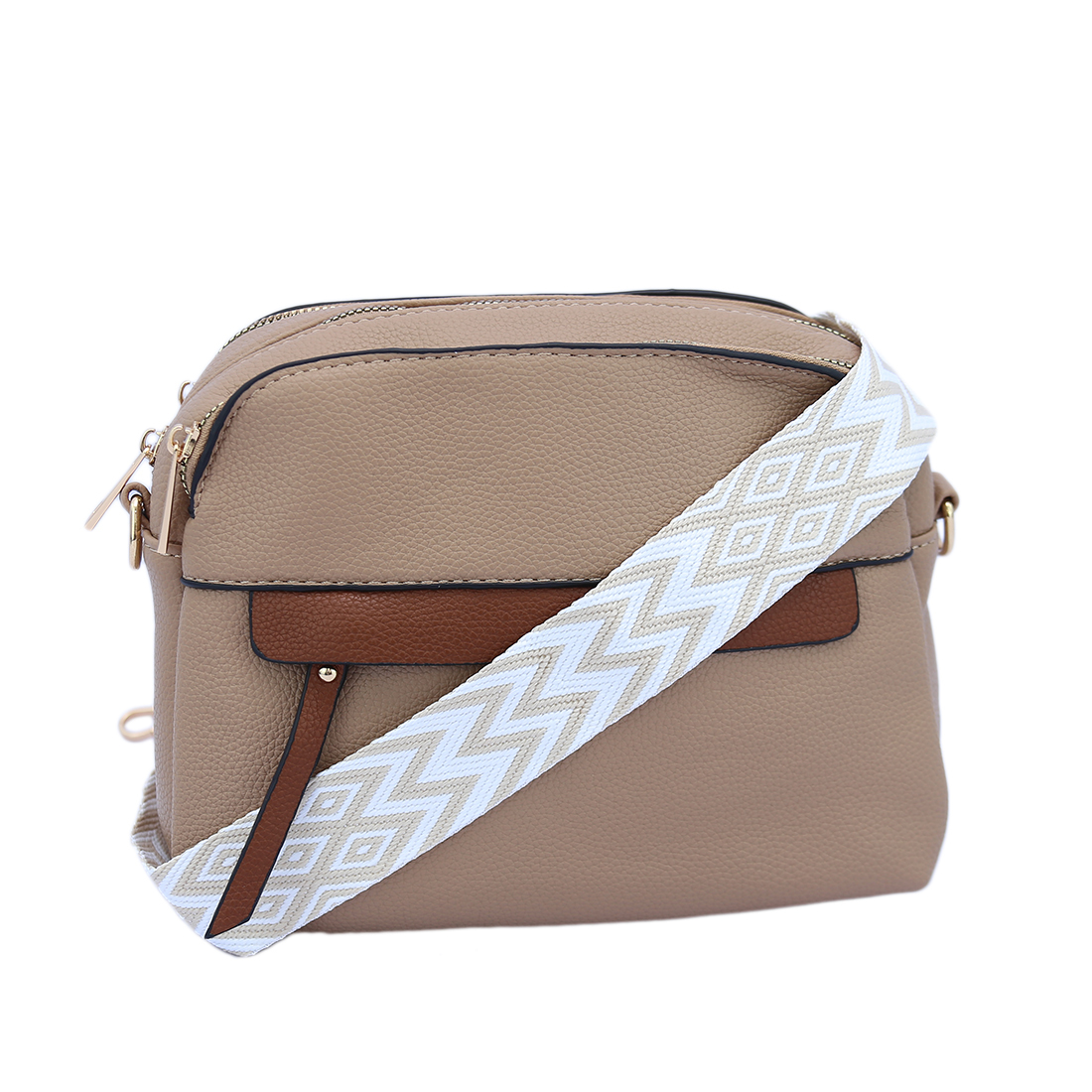 Textured shoulder bag with zip closure and front strap detail.