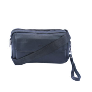 Textured crossbody bag with front flap pocket and logo detail.