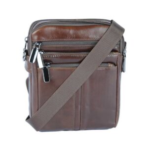 Real leather shoulder bag with multiple front zip pockets