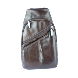 A brown leather sling bag with multiple zippers.